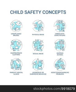 Child safety turquoise concept icons set. Parental neglect. Domestic abuse. Children welfare. Kids protection idea thin line RGB color illustrations. Vector isolated outline drawings. Editable stroke. Child safety turquoise concept icons set