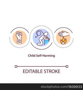 Child self harming concept icon. Teenager cut wound. Self mutilation. Physical pain. Child safety idea thin line illustration. Vector isolated outline RGB color drawing. Editable stroke. Child self harming concept icon
