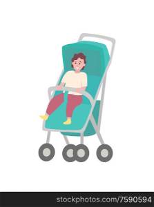 Child sitting in stroller isolated cartoon baby. Toddler in walking carriage, vector young kid in strap. Perambulator transportation item for infants. Child Sitting in stroller Isolated Cartoon Baby