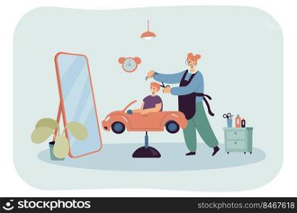 Child sitting on car chair in front of mirror in barber shop. Hairdresser standing near boy and giving him haircut using scissors flat vector illustration. Childrens beauty salon concept for poster