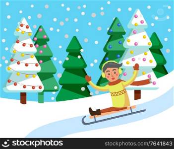 Child sitting on sledges, kid at winter holidays in park. Childhood of character on sleigh. Snowing weather in woods. Landscape with pine trees decorated with garlands and baubles flat style vector. Child Going Downhill on Sledges in Winter Forest
