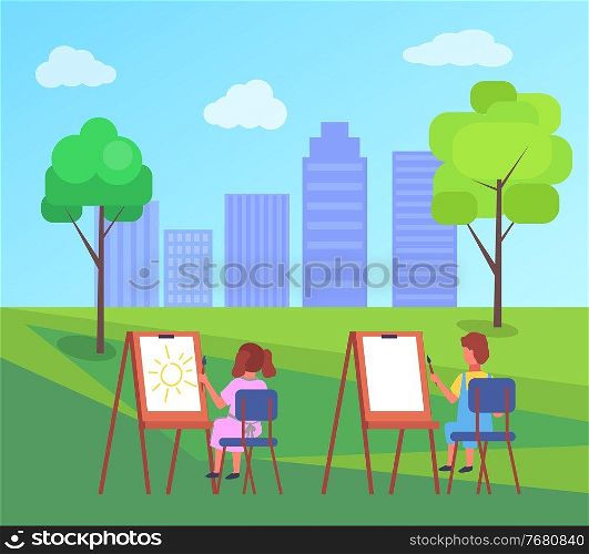 Child sitting on the chair near the easel in city park and drawing aquarell paints on large sheet of paper, education and child development. Kid holding paint brush in hand, draw from nature back view. Child sitting on the chair and drawing aquarell paints on large sheet of paper, education concept
