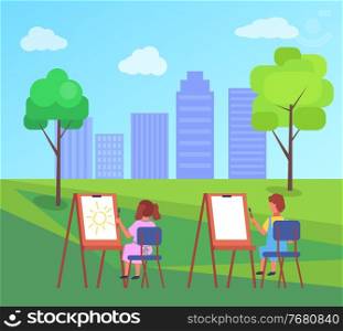 Child sitting on the chair near the easel in city park and drawing aquarell paints on large sheet of paper, education and child development. Kid holding paint brush in hand, draw from nature back view. Child sitting on the chair and drawing aquarell paints on large sheet of paper, education concept