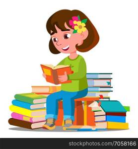 Child Sitting With A Lot Of Books In The Library Vector. Illustration. Child Sitting With A Lot Of Books In The Library Vector. Isolated Illustration