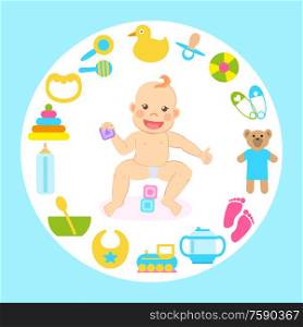 Child sitting with toys vector, rubber duck and plush bear, bowl with spoon and pins, dummy comforter and bottle with milk. Kid wearing diaper playing. Baby Encircled with Toys and Bottles for Kids