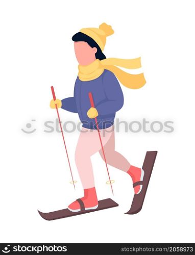 Child skiing semi flat color vector character. Dynamic figure. Full body person on white. Outdoor winter activity isolated modern cartoon style illustration for graphic design and animation. Child skiing semi flat color vector character