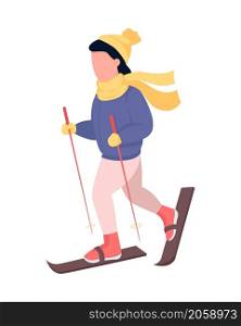 Child skiing semi flat color vector character. Dynamic figure. Full body person on white. Outdoor winter activity isolated modern cartoon style illustration for graphic design and animation. Child skiing semi flat color vector character