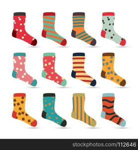 Child Socks Icons Vector. Big Set In Flat Style Illustration. Winter Fashion Sock Fabric Design.. Child Socks Icons Vector. Colorful Socks