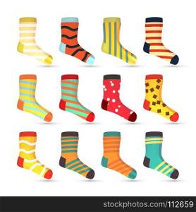 Child Socks Icons Vector. Big Set In Flat Style Illustration. Winter Fashion Sock Fabric Design.. Child Socks Icons Vector. Colorful Socks