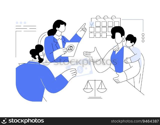 Child support payments abstract concept vector illustration. Divorced parents discuss alimony payment with lawyer, child custody, government sector, bureaucratic procedure abstract metaphor.. Child support payments abstract concept vector illustration.