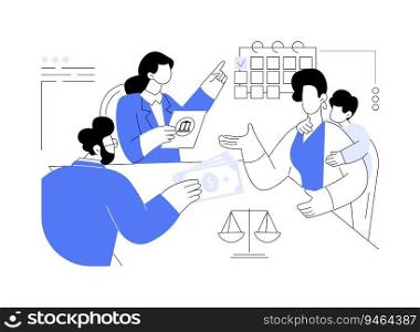 Child support payments abstract concept vector illustration. Divorced parents discuss alimony payment with lawyer, child custody, government sector, bureaucratic procedure abstract metaphor.. Child support payments abstract concept vector illustration.