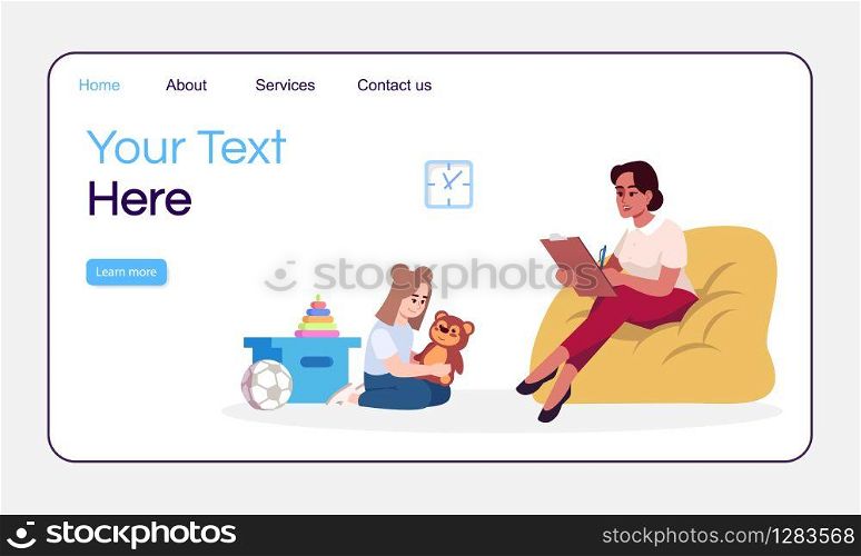 Child therapy session landing page vector template. Behavioral psychology. Psychology consultation website interface idea with flat illustrations. Homepage layout. Web banner, webpage cartoon concept