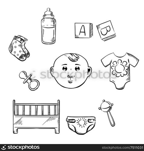 Child toys and objects. Crib, pacifier, socks, bottle of milk, rattle, diaper and letter cubes. Sketch style vector. Child toys and objects in sketch style