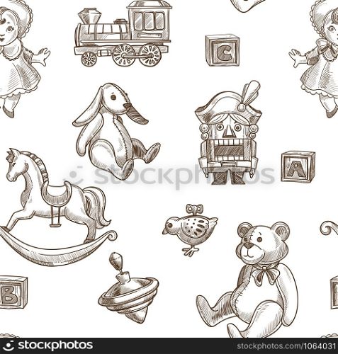 Child toys rabbit and fluffy plush bear seamless pattern vector monochrome sketch outline bird and train old fashioned locomotive doll for girls and wooden horse yoyo and robot cubes with letters.. Child toys rabbit and fluffy plush bear seamless pattern