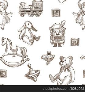 Child toys rabbit and fluffy plush bear seamless pattern vector monochrome sketch outline bird and train old fashioned locomotive doll for girls and wooden horse yoyo and robot cubes with letters.. Child toys rabbit and fluffy plush bear seamless pattern