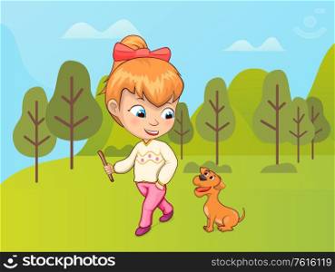Child walking in nature vector, kid spending time with pet. Owner of canine, friendship between human and animal. Holidays in summer, vacations on nature. Small Girl Walking Dog in Park, Forest with Trees