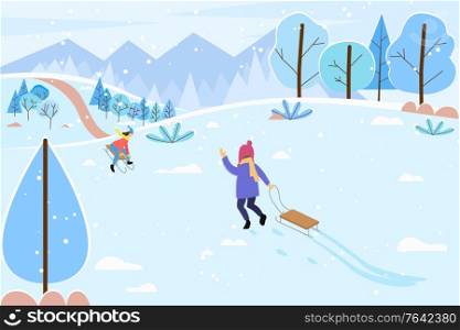 Child waving to mother. Kid pulling sledges walking to mom. People leading active lifestyle sloping downhill. Winter landscape with trees and mountains. Snowy hills and frost outdoors vector. Winter Landscape and Child with Sledges Outdoors
