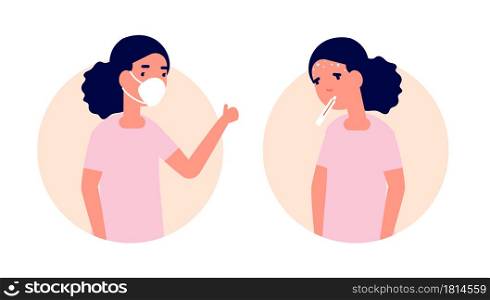 Child wear mask. Healthy vs unhealthy, girl with flu or cold. Kid in facial protection, prevention influenza disease utter vector concept. Children in mask protective prevention disease illustration. Child wear mask. Healthy vs unhealthy, girl with flu or cold. Kid in facial protection, prevention influenza disease utter vector concept