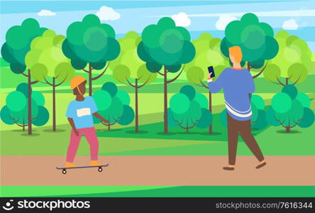 Child wearing helmet standing on skateboard, man going with phone, people activity in park, trees and cloudy sky, full length view of boys character vector. People Walking in Park, Children and Adult Vector