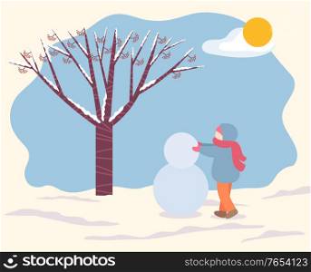 Child wearing warm clothes making snowman of snow. Snowy weather and sunshine in park. Forest with tree and branches covered with snow. Kid on holidays sculpting character, vector in flat style. Kid Sculpting Snowman in Winter Park or Forest