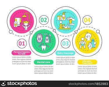 Child wellness care vector infographic template. Physical health presentation outline design elements. Data visualization with 4 steps. Process timeline info chart. Workflow layout with line icons. Child wellness care vector infographic template