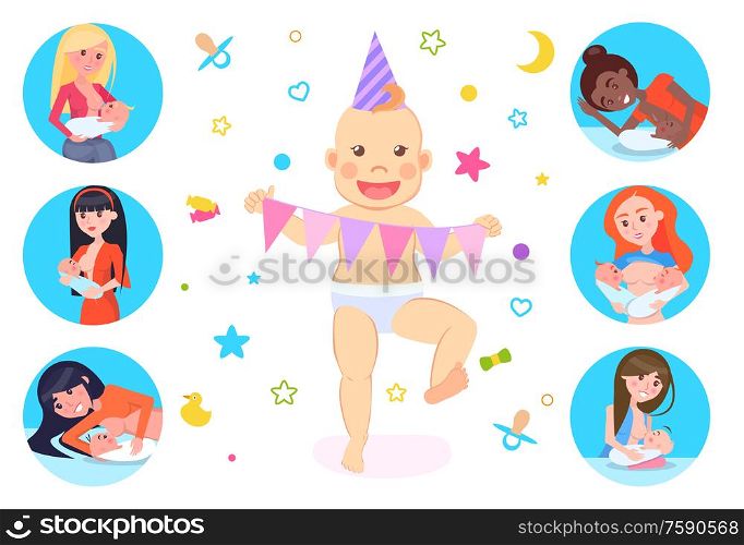 Child with happy face vector, motherhood set. Baby dancing with flags wearing celebration paper hat. Breastfeeding mothers with children family care. Baby Holding Celebration Flags and Wearing Hat