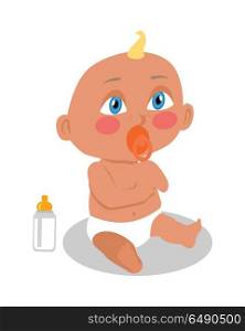 Child with Nipple. Child with nipple sits on the floor. Baby with nipple icon. Baby with milk bottle. Suckling icon. Baby in flat. Isolated vector illustration on white background.