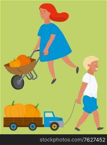 Child with pumpkin, girl going with cart, boy carrying toy truck with harvesting products. Smiling kids going with vehicle, children and crop vector. Kids Going with Truck, Harvest Pumpkin Vector