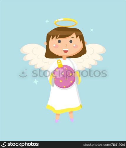 Child with wings and halo vector, angel holding bauble decoration for Christmas. Celebration of holiday, small kid wearing long dress, girl smiling. Angel Smiling Girl with Bauble, Christmas Holidays