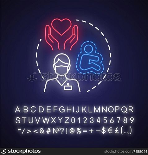 Childbirth neon light concept icon. Obstetrician idea. Pregnancy, motherhood, doctor. Birthing care, healthcare. Glowing sign with alphabet, numbers and symbols. Vector isolated illustration