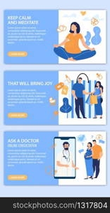 Childbirth Waiting Activity, Future Parents Recommendations Trendy Flat Vector Web Banners, Landing Pages Templates Set. Pregnant Woman and Husband Shopping, Meditating, Visiting Doctor Illustration