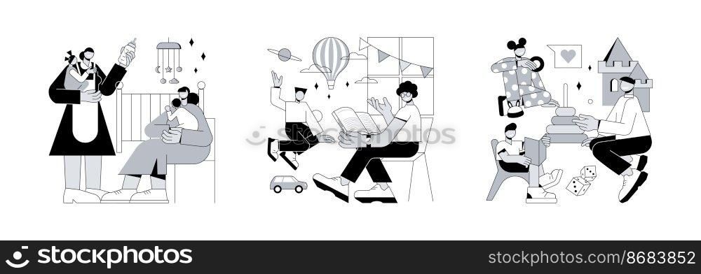 Childcare services abstract concept vector illustration set. Infant daycare center, in-home daycare, kindergarten, early kid development, nursery home, toddler early education abstract metaphor.. Childcare services abstract concept vector illustrations.