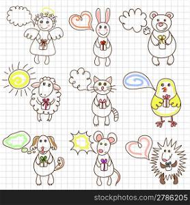 Childe drawing greeting card with cute characters