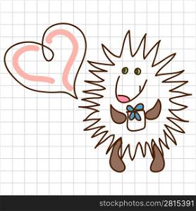 Childe drawing greeting card with cute hedgehog