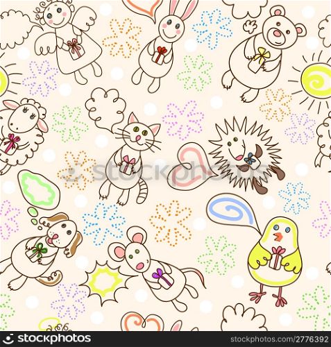 Childe drawing seamless pattern with cute aimals and angel