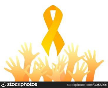 Childhood cancer. Yellow hands up and gold ribbon. Children cancer awareness. Symbol of hope and unity. Vector element for card, banner, articles and your design.. Childhood cancer. Yellow hands up and gold ribbon. Children cancer awareness. Symbol of hope and unity. Vector element