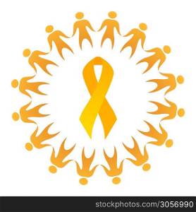 Childhood cancer. Yellow happy dance people in circle and gold ribbon. Children cancer awareness. Symbol of hope and unity. Vector element for card, banner, articles and your design.. Childhood cancer. Yellow happy dance people in circle and gold ribbon. Children cancer awareness. Symbol of hope and unity. Vector element