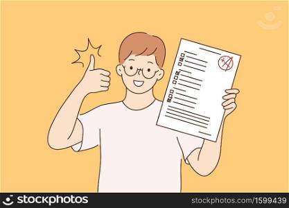 Childhood, education, study, success, like concept. Young happy cheerful smiling boy pupil character standing with test exam results showing thumbs up. Successful goal achievement and back to school.. Childhood, education, study, success, like concept