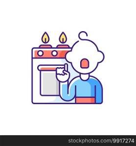 Childhood trauma RGB color icon. House safety. Adult supervision. Child-resistant safety. Home accident prevention for children. Minimizing risks. Stoves, sharp objects. Isolated vector illustration. Childhood trauma RGB color icon