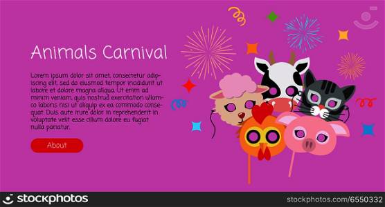 Childish Animal Masks. Cock, Pig, Cow, Sheep, Cat.. Animal carnival funny childish mascarade masks with firework. Vector illustration of cock with pig, domesticated cow near sheep and cat. Masque for festivals and children holidays. Dress code for kids