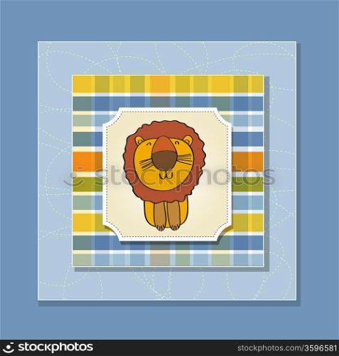 childish baby shower card with cartoon lion, vector illustration