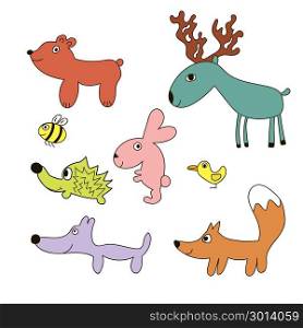 Childish cartoon forest wild animals. Childish cartoon forest wild animals set. Bird, fox, wolf, hare, hedgehog, bear, bee, elk. Lovely childish animals in cartoon style. Can be used for wallpapers, pattern, backgrounds surface textures