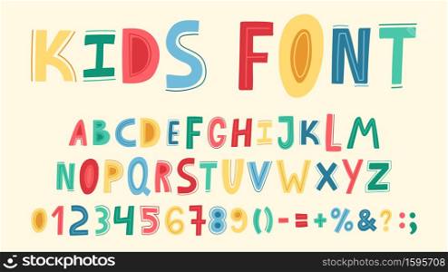Childish cute alphabet. Hand drawn baby funky ABC, doodle letters, numbers and sight. Nursery bright alphabet vector illustration symbols set. Latin colorful bright letters for kids. Childish cute alphabet. Hand drawn baby funky ABC, doodle letters, numbers and sight. Nursery bright alphabet vector illustration symbols set