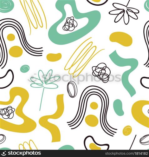 Childish drawn pattern. Flowers, wave lines doodle abstract elements background. Contemporary fashion print for fabric wrapping vector seamless texture. Kids pattern colored decoration illustration. Childish drawn pattern. Flowers, wave lines doodle abstract elements background. Contemporary fashion print for fabric wrapping vector seamless texture