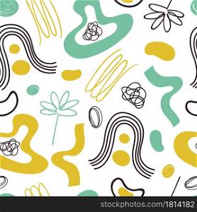 Childish drawn pattern. Flowers, wave lines doodle abstract elements background. Contemporary fashion print for fabric wrapping vector seamless texture. Kids pattern colored decoration illustration. Childish drawn pattern. Flowers, wave lines doodle abstract elements background. Contemporary fashion print for fabric wrapping vector seamless texture