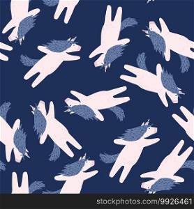Childish fantasy seamless doodle pattern with white unicorns. Navy blue background. Magic backdrop. Decorative print for fabric design, textile print, wrapping, cover. Vector illustration. Childish fantasy seamless doodle pattern with white unicorns. Navy blue background. Magic backdrop.