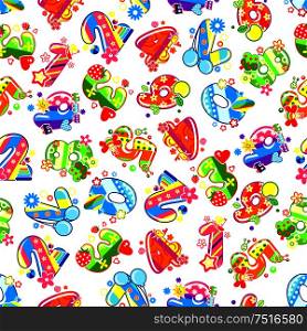 Childish numbers background for birthday party or childish room interior design with colorful digits, adorned by toys and fruits, hearts and air balloons, flowers, birds and butterflies