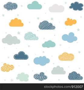 Childish seamless background with clouds and stars