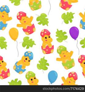 Childish seamless pattern for nursery. Cartoon kawaii baby dinosaur in egg. First birthday, newborn. Balloons and leaves.