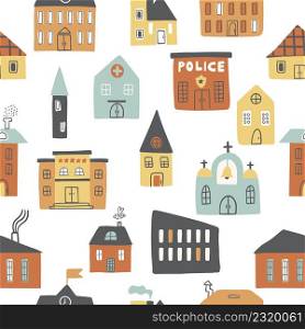 Childish seamless pattern with a lot of colorful buildings( police officer, ?hurch, school, hotel, hospital, administrative buildings)on a white background. Small town.